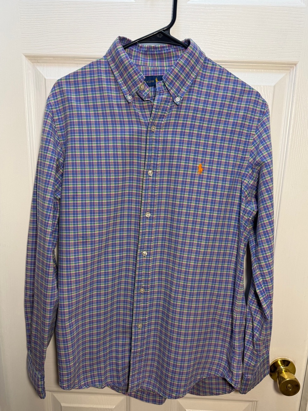 Ralph Lauren Blue Plaid Button-Down Shirt with Orange Pony Logo
